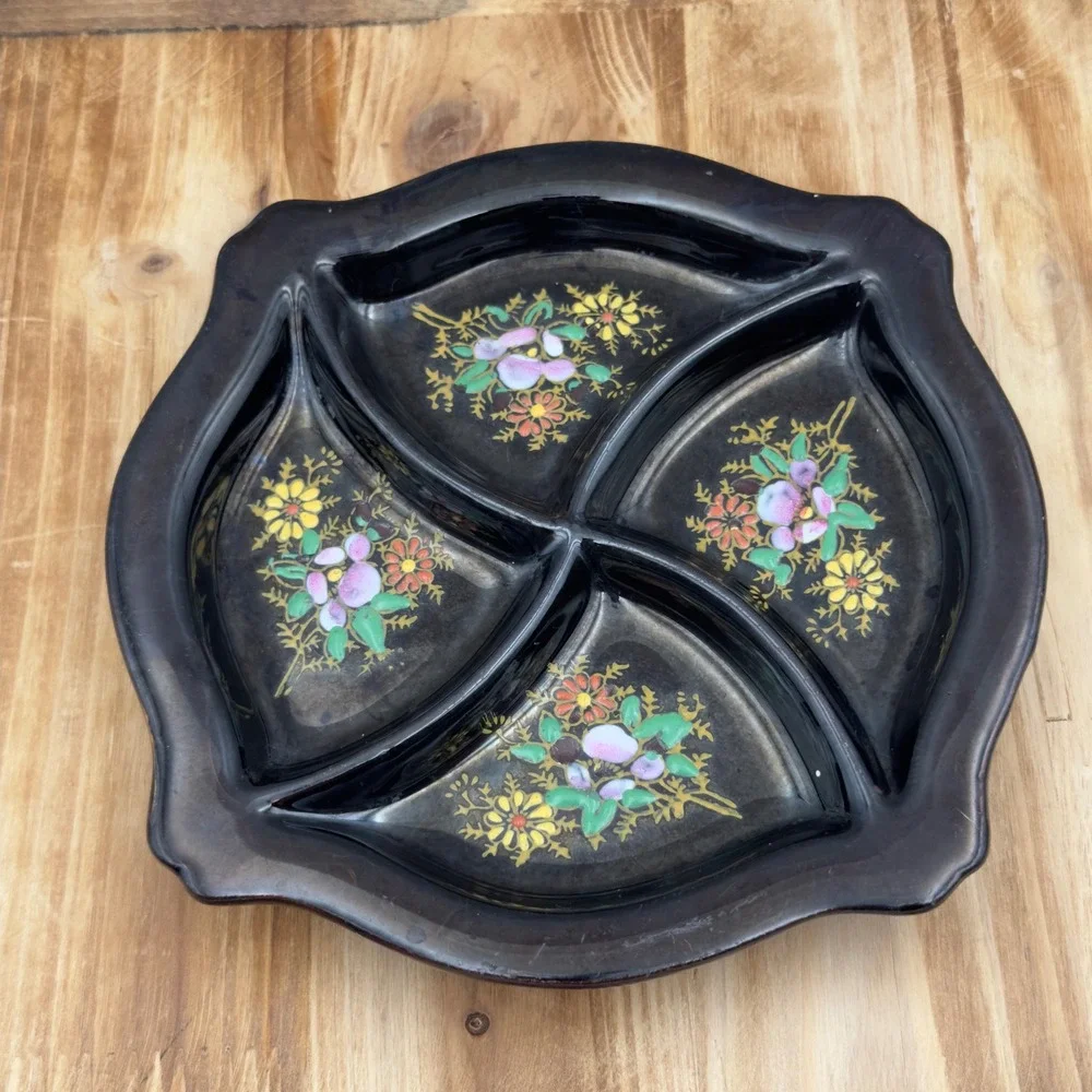 Vtg Japanese Pottery Black Floral Divided Serving Trinket Dish  Square Scalloped